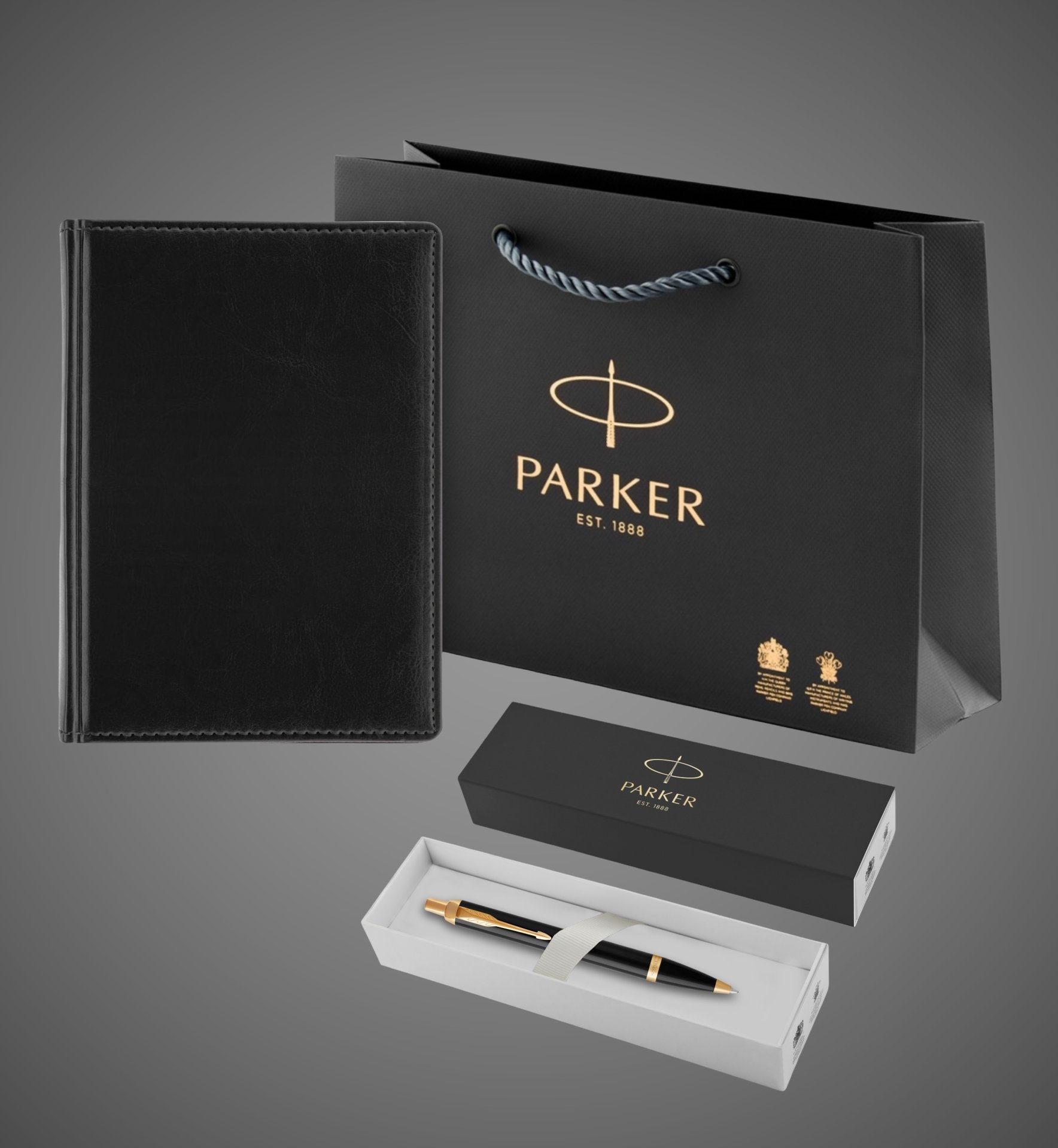 Подарочный набор: Ежедневник недатированный и Шариковая ручка Parker IM Metal, цвет: Black GT, Лаки и смолы: лак, латунь