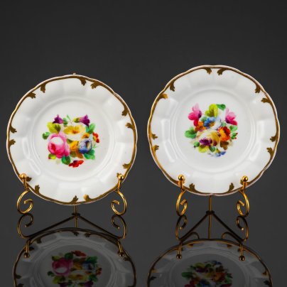Набор из 2-х пирожковых тарелок, украшенных цветочным декором, фарфор, роспись, золочение, C. Tielsch & Co., Германия, 1850-1870 гг.