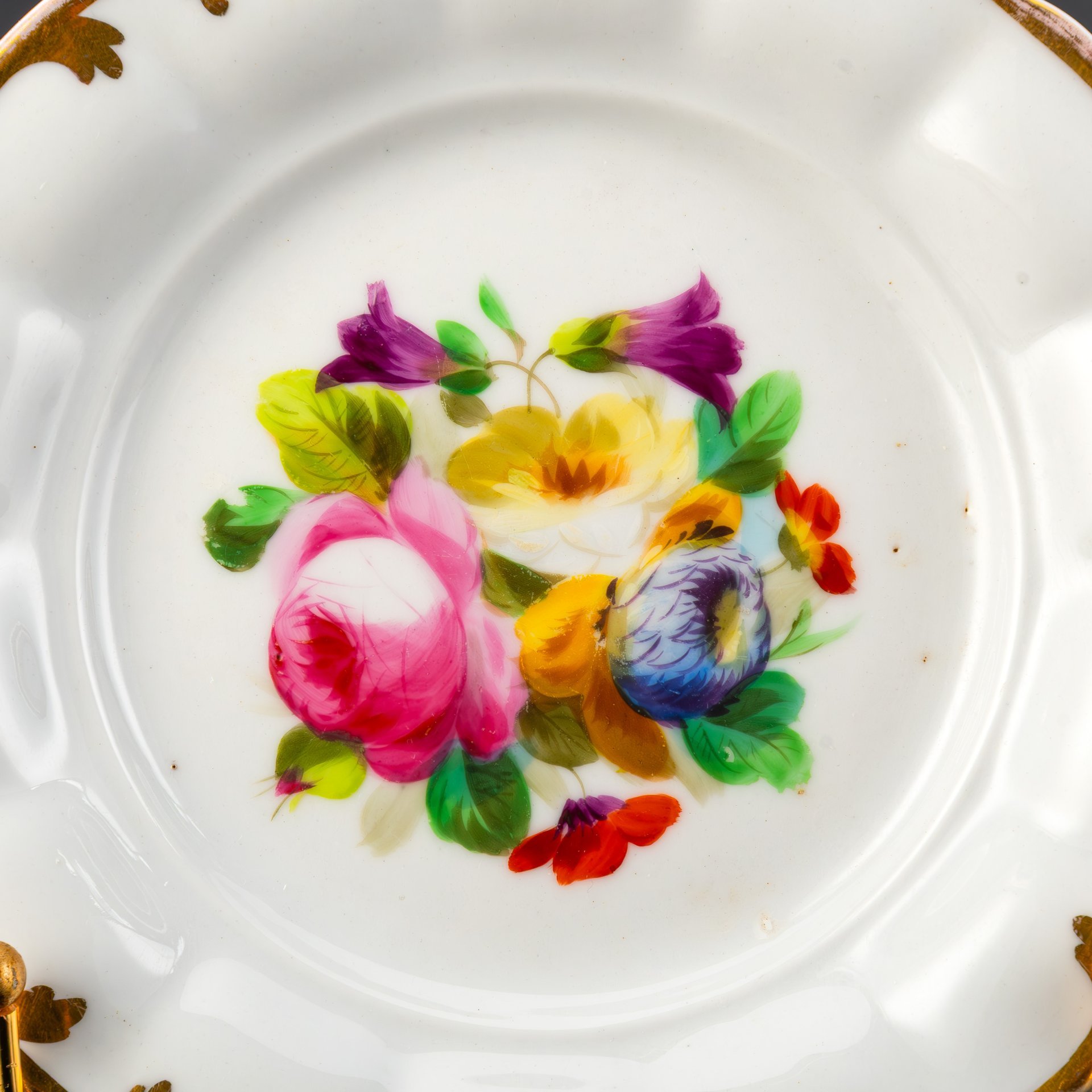 Набор из 2-х пирожковых тарелок, украшенных цветочным декором, фарфор, роспись, золочение, C. Tielsch & Co., Германия, 1850-1870 гг.