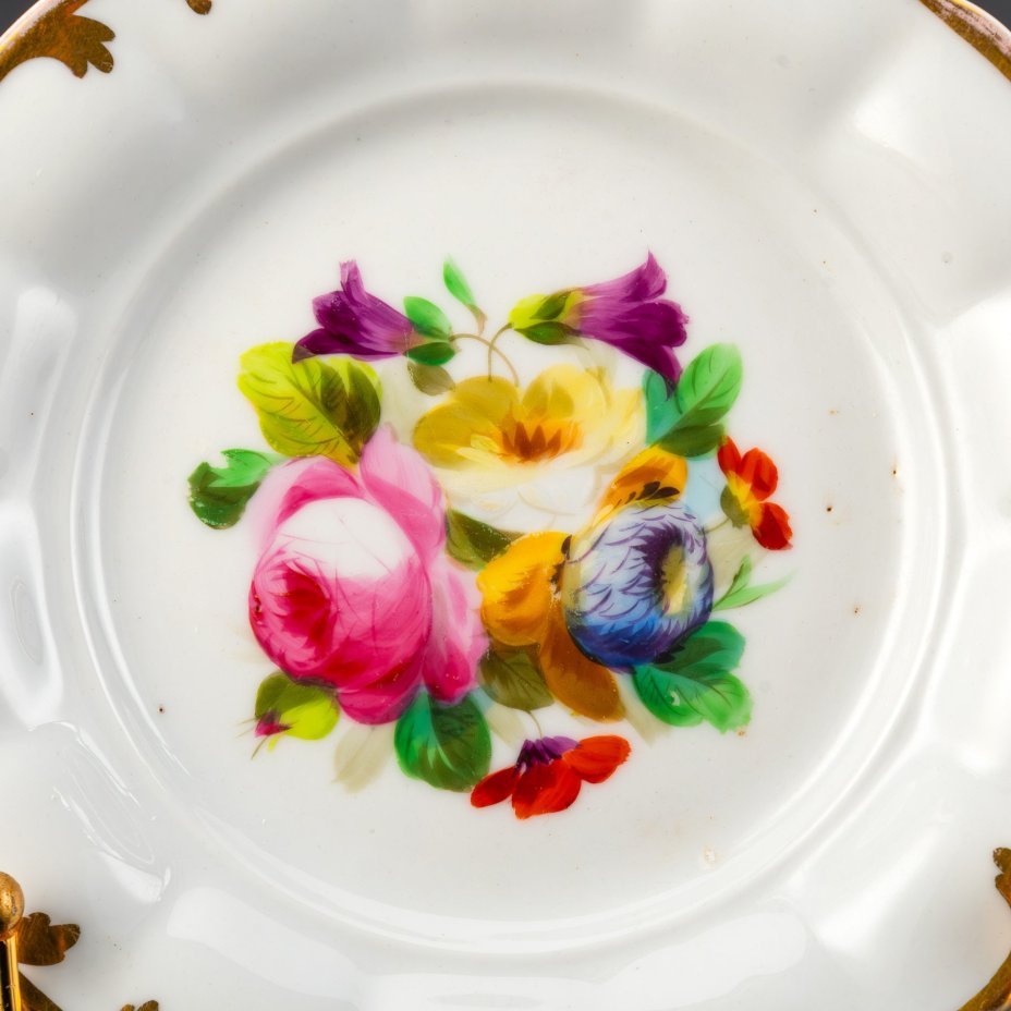 Набор из 2-х пирожковых тарелок, украшенных цветочным декором, фарфор, роспись, золочение, C. Tielsch & Co., Германия, 1850-1870 гг.