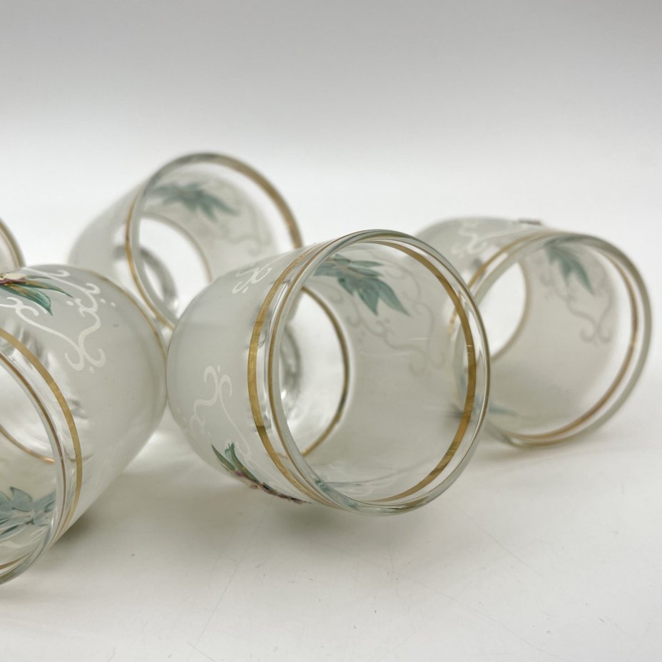 Набор из шести стопок с лепным цветочным декором, стекло, роспись, матирование, лепнина, золочение, Bohemia Crystal (Bohemia Glass), Чехия, 1980-2000 гг.