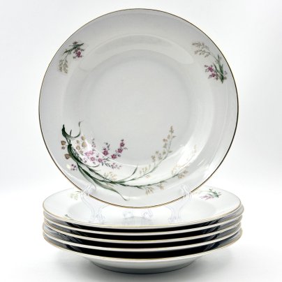 Набор обеденных (глубоких) тарелок с цветочным декором на 6 персон, фарфор, деколь, золочение, Bareuther & Co., Bavaria, Германия, 1931-1945 гг.