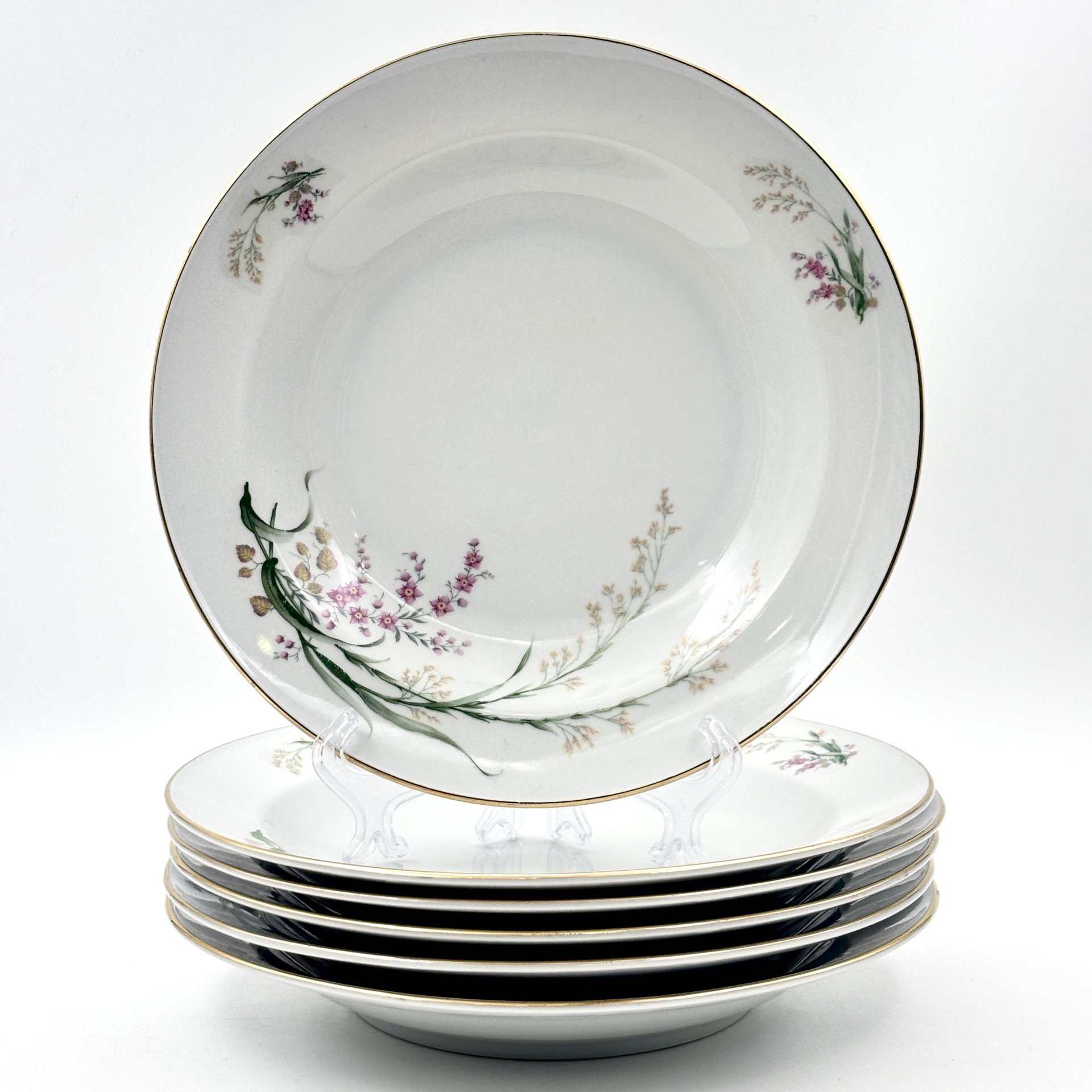 Набор обеденных (глубоких) тарелок с цветочным декором на 6 персон, фарфор, деколь, золочение, Bareuther & Co., Bavaria, Германия, 1931-1945 гг.