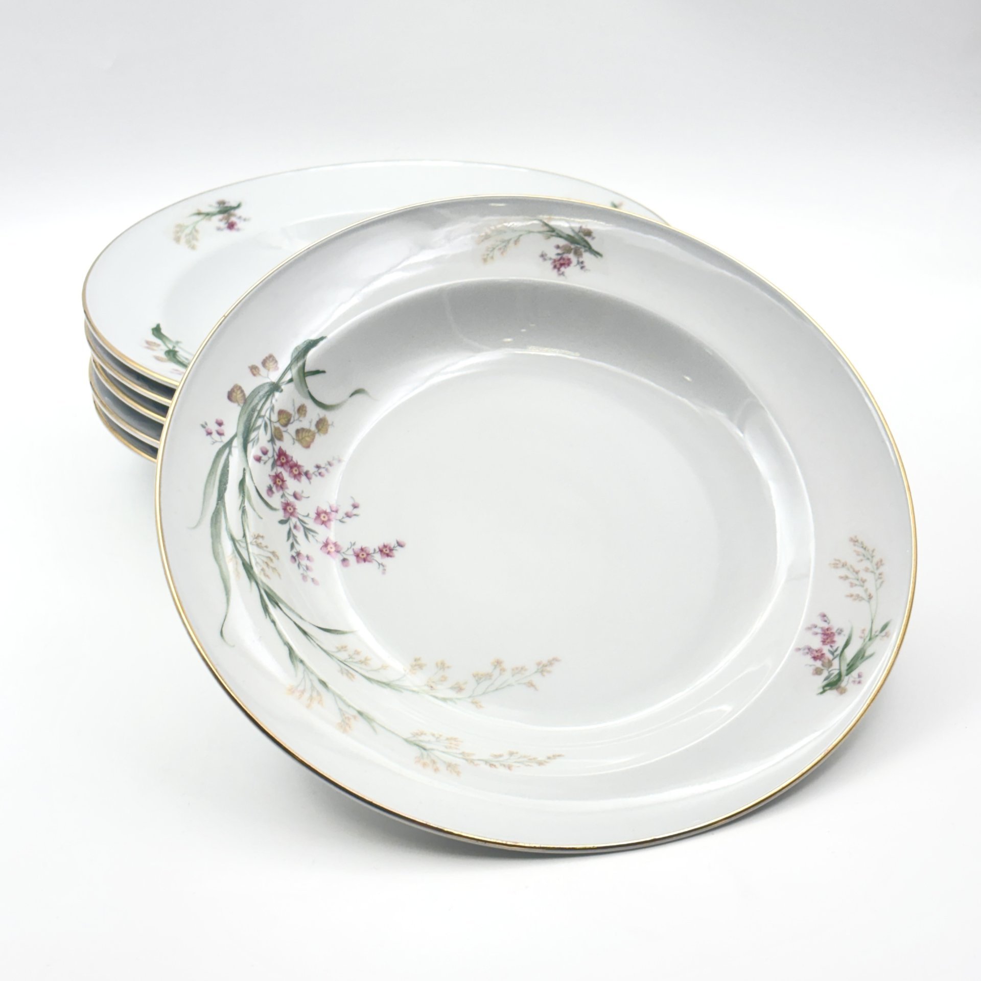 Набор обеденных (глубоких) тарелок с цветочным декором на 6 персон, фарфор, деколь, золочение, Bareuther & Co., Bavaria, Германия, 1931-1945 гг.