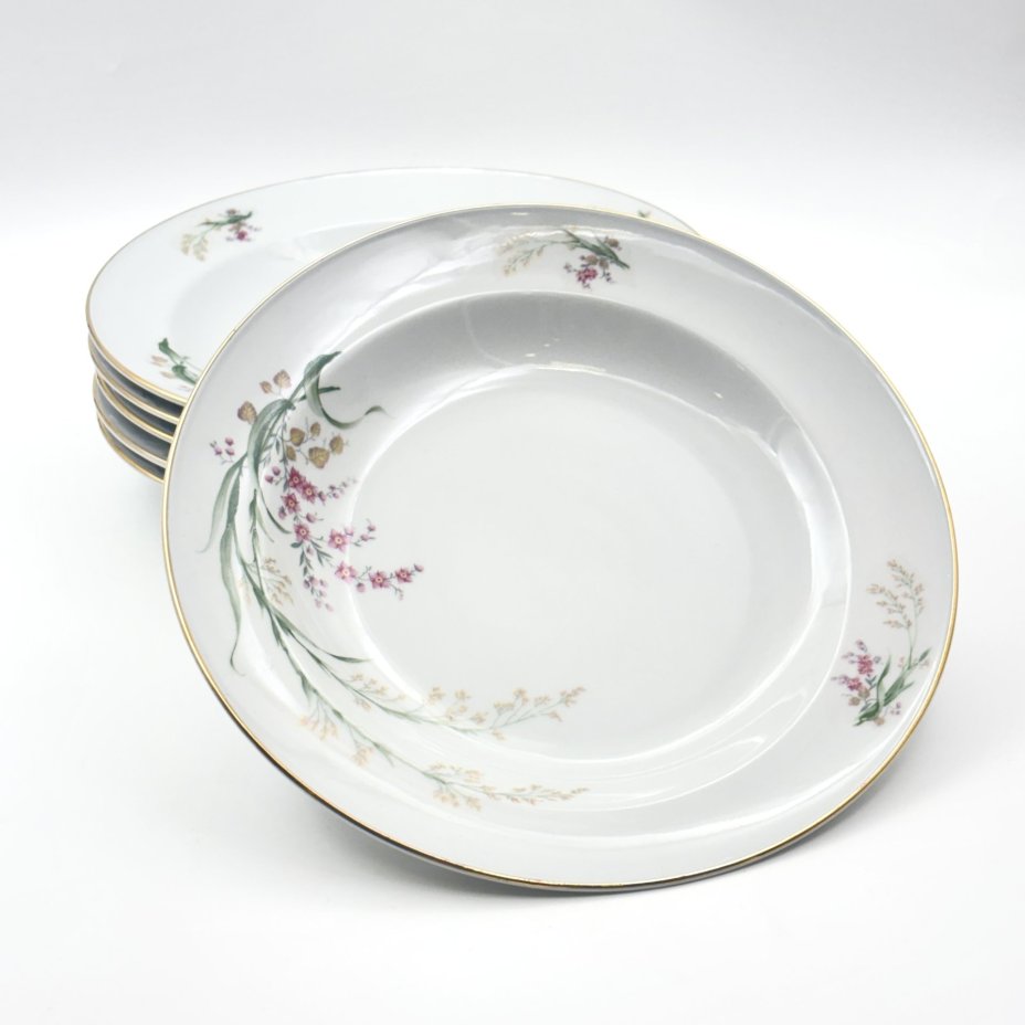 Набор обеденных (глубоких) тарелок с цветочным декором на 6 персон, фарфор, деколь, золочение, Bareuther & Co., Bavaria, Германия, 1931-1945 гг.