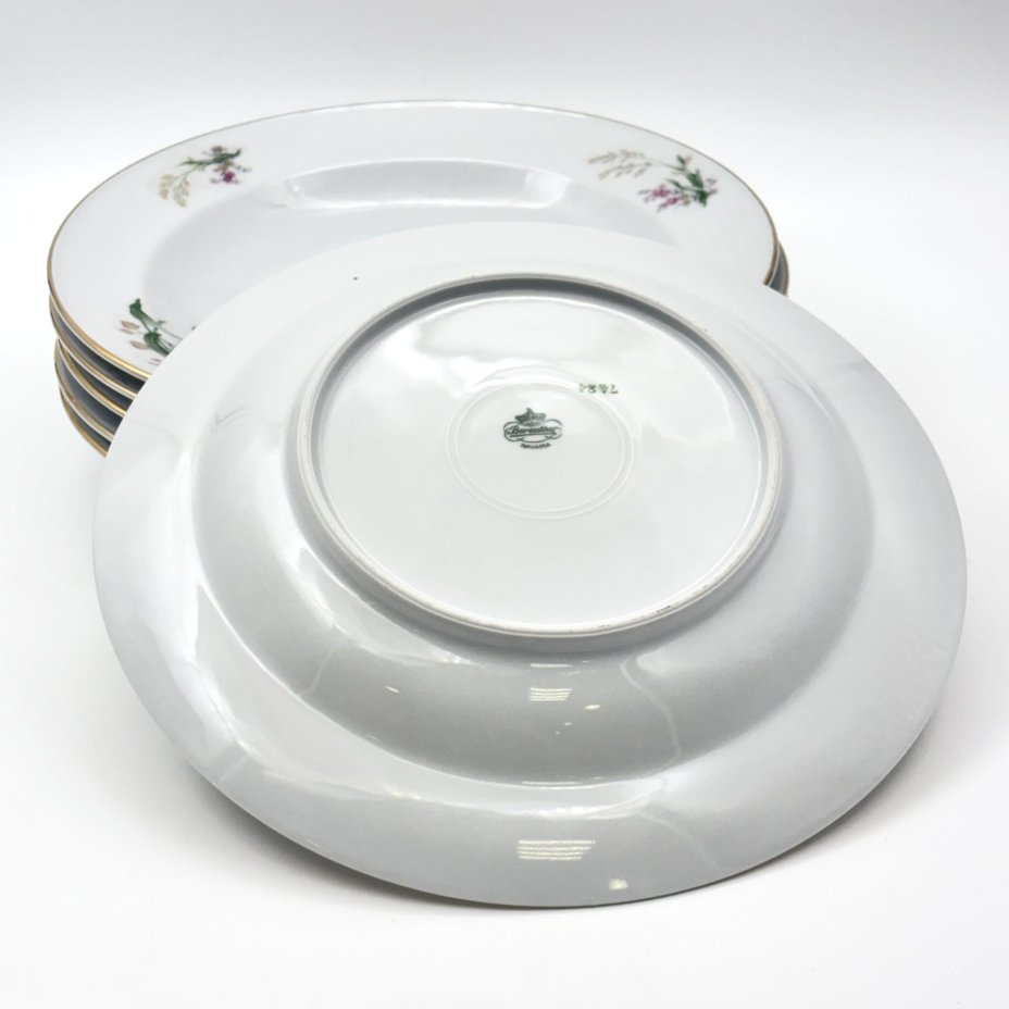 Набор обеденных (глубоких) тарелок с цветочным декором на 6 персон, фарфор, деколь, золочение, Bareuther & Co., Bavaria, Германия, 1931-1945 гг.