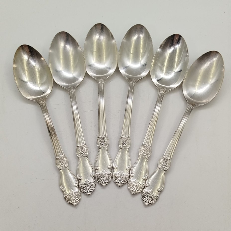Набор столовых ложек "Серебряная роза" на 6 персон, мНЦ (медь-никель-цинк), серебрение, Кольчугинский завод цветных металлов, СССР, 1962-1990 гг.