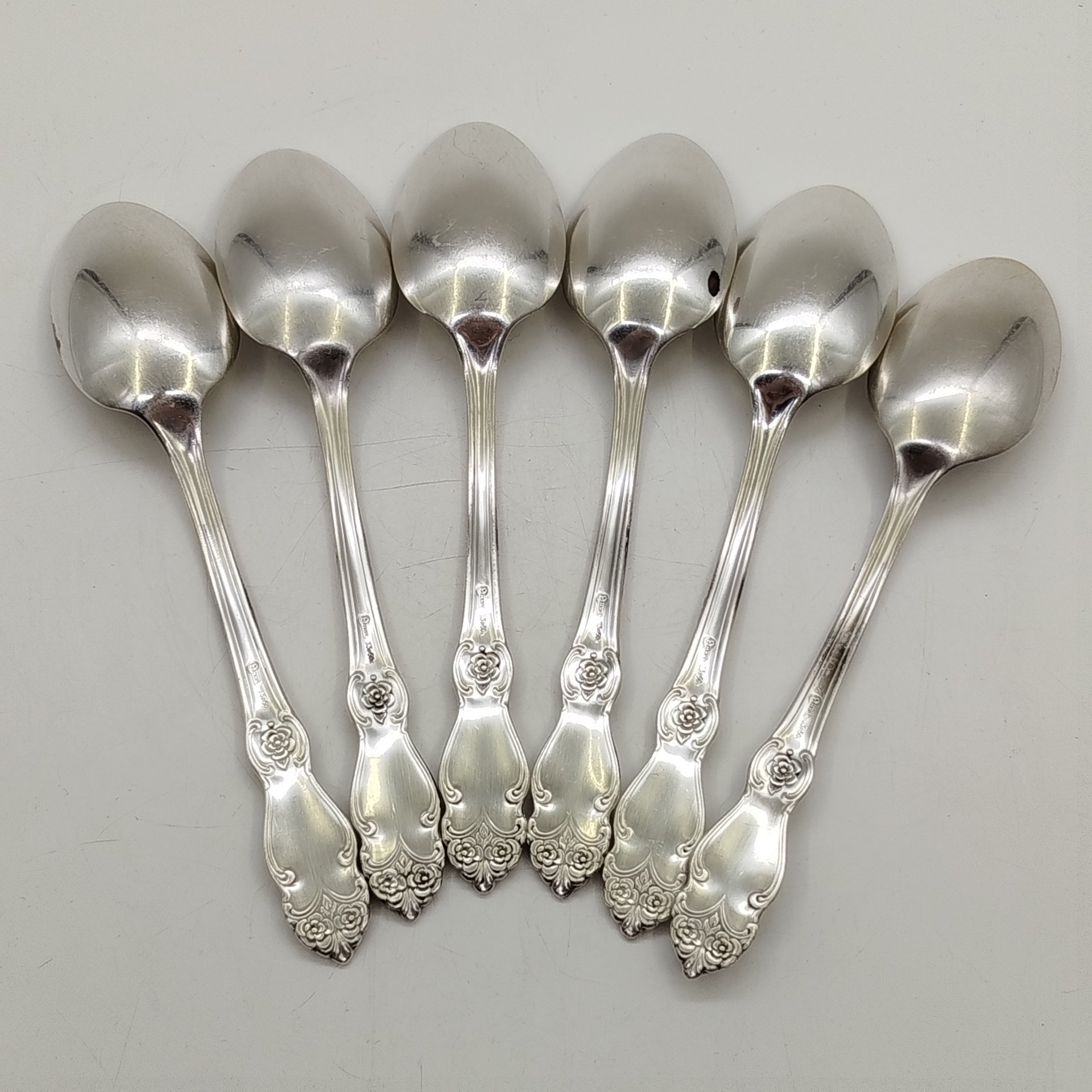 Набор столовых ложек "Серебряная роза" на 6 персон, мНЦ (медь-никель-цинк), серебрение, Кольчугинский завод цветных металлов, СССР, 1962-1990 гг.