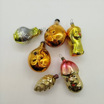 Набор из шести ёлочных игрушек, стекло, металл, роспись, СССР, 1960-1980 гг.