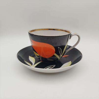 Чайная пара "Тюльпан на чёрном фоне", фарфор, роспись, крытье, золочение, Дулевский фарфоровый завод (Дулёво), СССР, 1964 г.