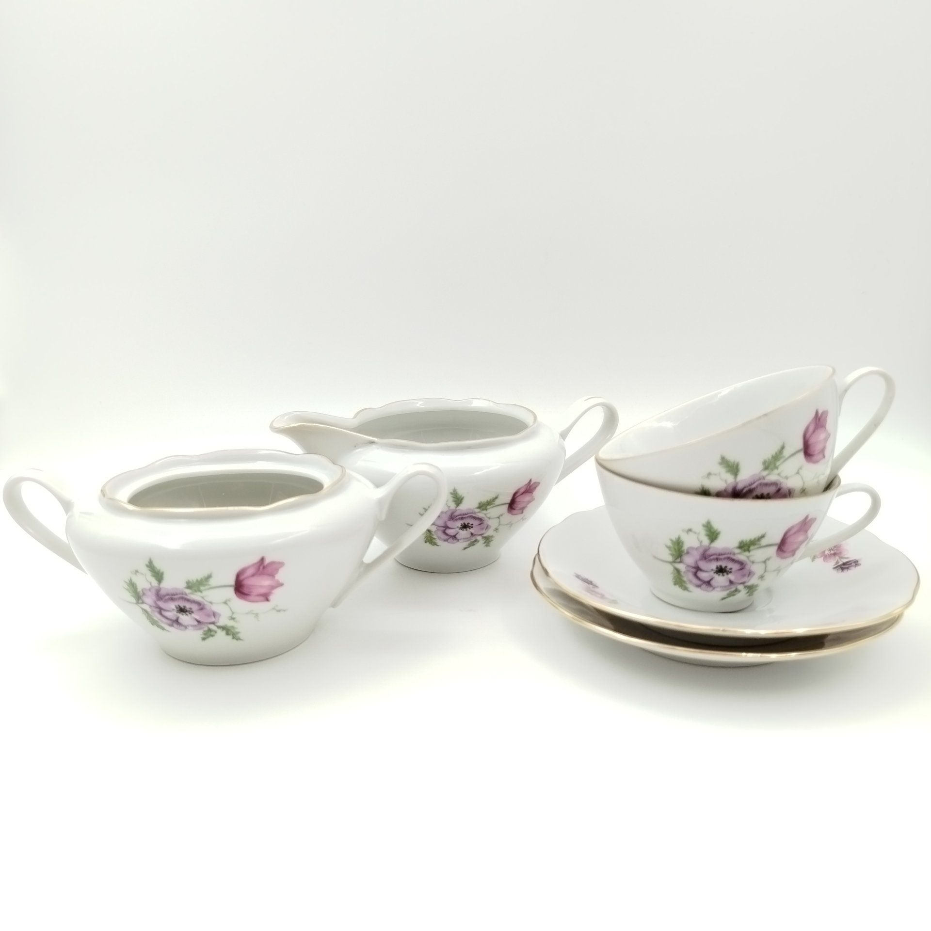 Набор чайный с цветочным декором на 2 персоны (сахарница, молочник, 2 чайные пары), "Gebrüder Benedikt", фарфор, деколь, золочение, Чехословакия, 1960-1990 гг.