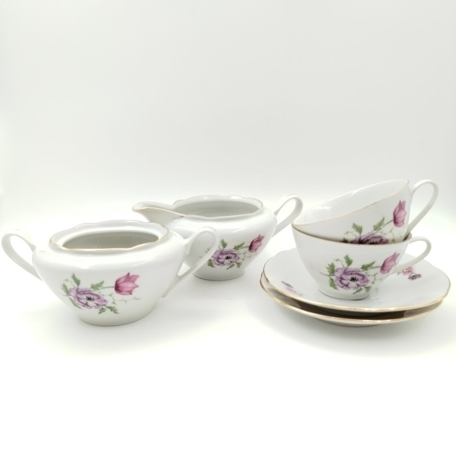 Набор чайный с цветочным декором на 2 персоны (сахарница, молочник, 2 чайные пары), "Gebrüder Benedikt", фарфор, деколь, золочение, Чехословакия, 1960-1990 гг.