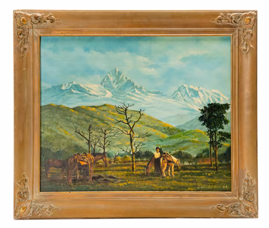 Картина "Пейзаж с лошадьми", подпись "S.Schutzmauer"