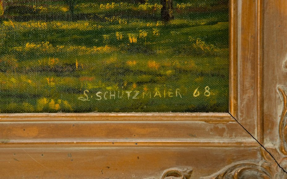 Картина "Пейзаж с лошадьми", подпись "S.Schutzmauer"