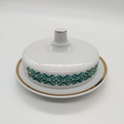 Маслёнка круглой формы с орнаментом, фарфор, деколь, золочение, Дулевский фарфоровый завод (Дулёво), СССР, 1968-1991 гг.