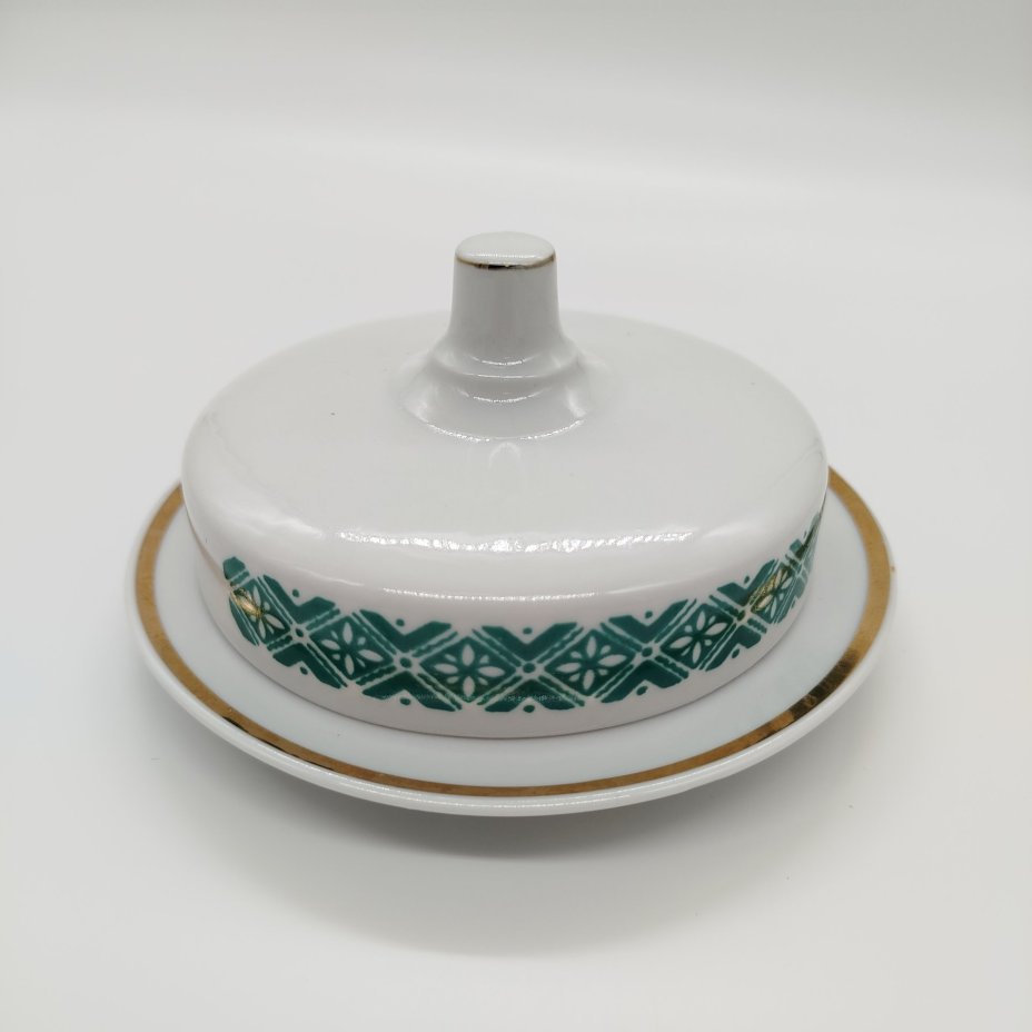 Маслёнка круглой формы с орнаментом, фарфор, деколь, золочение, Дулевский фарфоровый завод (Дулёво), СССР, 1968-1991 гг.