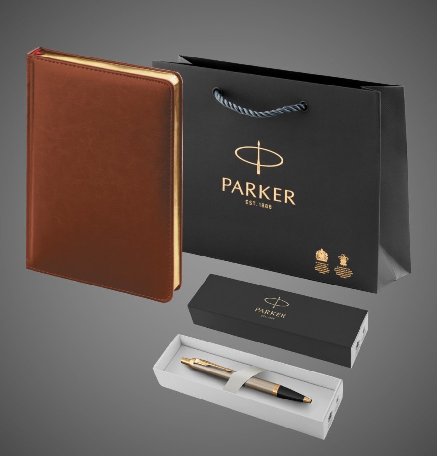 Подарочный набор: Шариковая ручка Parker IM Metal Core Brushed Metal GT и Ежедневник недатированный А5 коричневый, Лаки и смолы: лак, латунь, пластик, позолота, позолота