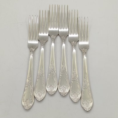 Набор из шести десертных вилок с растительным декором, мНЦ (медь-никель-цинк), Вольнянский завод столовых приборов им. Шевченко (ЗiШ, ЗиШ), СССР, 1960-1980 гг.