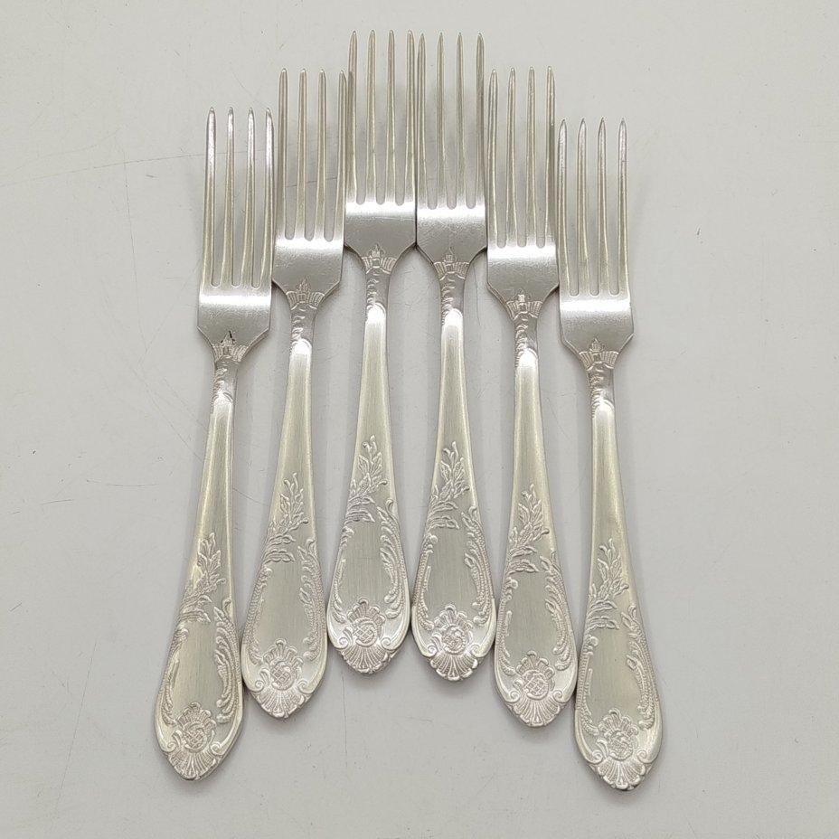 Набор из шести десертных вилок с растительным декором, мНЦ (медь-никель-цинк), Вольнянский завод столовых приборов им. Шевченко (ЗiШ, ЗиШ), СССР, 1960-1980 гг.
