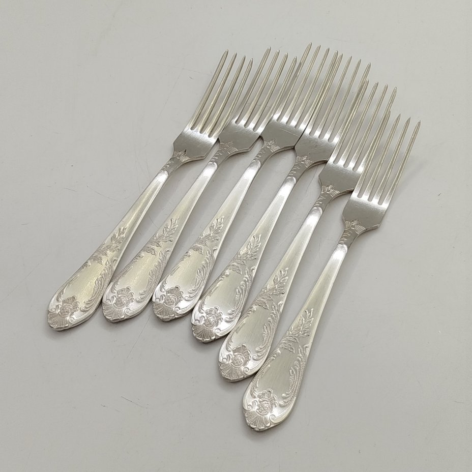 Набор из шести десертных вилок с растительным декором, мНЦ (медь-никель-цинк), Вольнянский завод столовых приборов им. Шевченко (ЗiШ, ЗиШ), СССР, 1960-1980 гг.