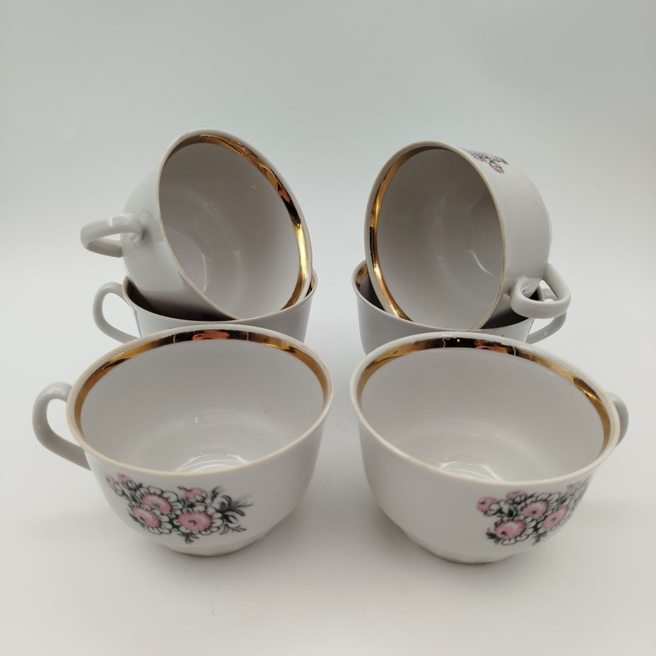 Набор из 6-ти чайных пар с цветочным декором, фарфор, деколь, золочение, Рижский фарфорово-фаянсовый завод, СССР, 1970-1980 гг.