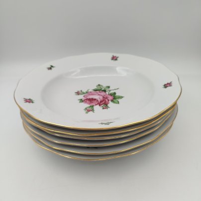 Набор суповых (глубоких) тарелок "Мейсенская роза" на 6 персон, фарфор, деколь, золочение, Colditz (Кольдиц), ГДР, 1970-1980 гг.