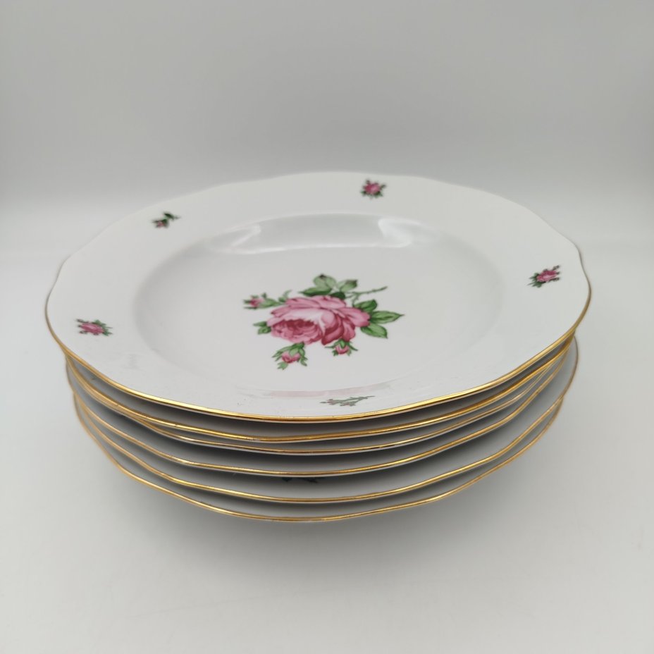 Набор суповых (глубоких) тарелок "Мейсенская роза" на 6 персон, фарфор, деколь, золочение, Colditz (Кольдиц), ГДР, 1970-1980 гг.