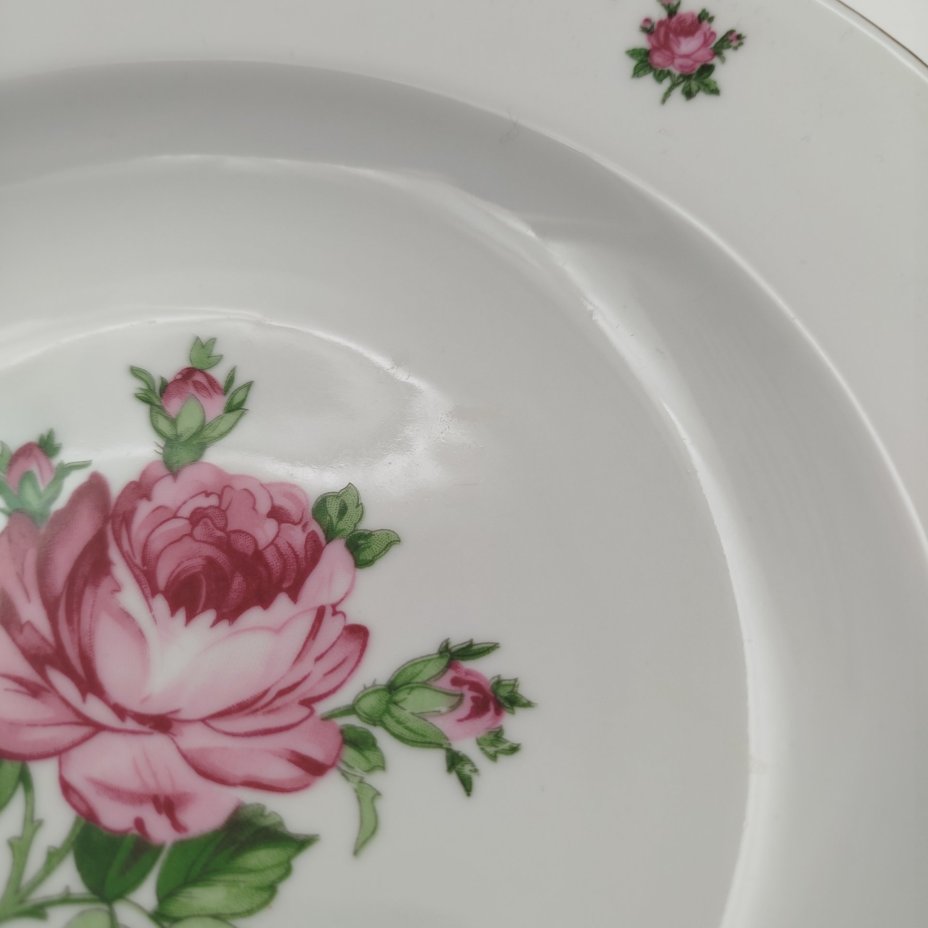 Набор суповых (глубоких) тарелок "Мейсенская роза" на 6 персон, фарфор, деколь, золочение, Colditz (Кольдиц), ГДР, 1970-1980 гг.