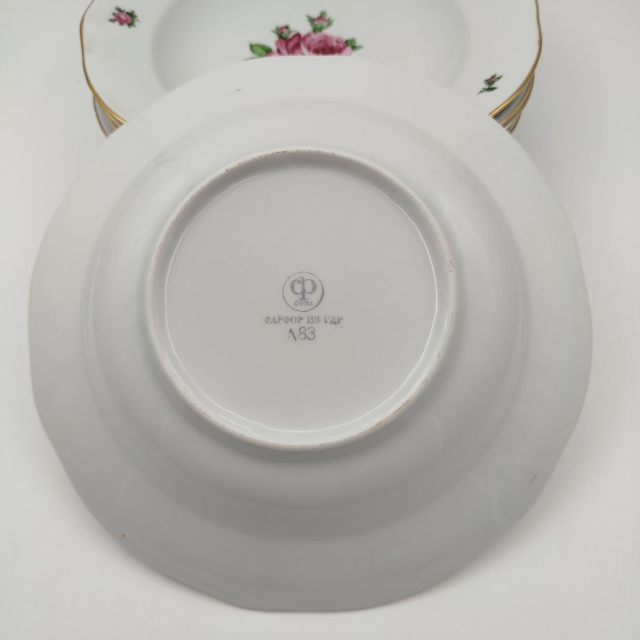 Набор суповых (глубоких) тарелок "Мейсенская роза" на 6 персон, фарфор, деколь, золочение, Colditz (Кольдиц), ГДР, 1970-1980 гг.
