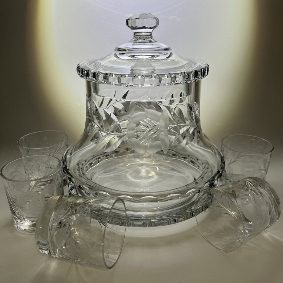 Набор для крюшона: крюшонница и 5 стаканов, хрусталь, алмазная грань, Россия, 1970-2000 гг.