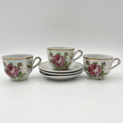 Набор из 3-х кофейных пар, украшенных изображением розы