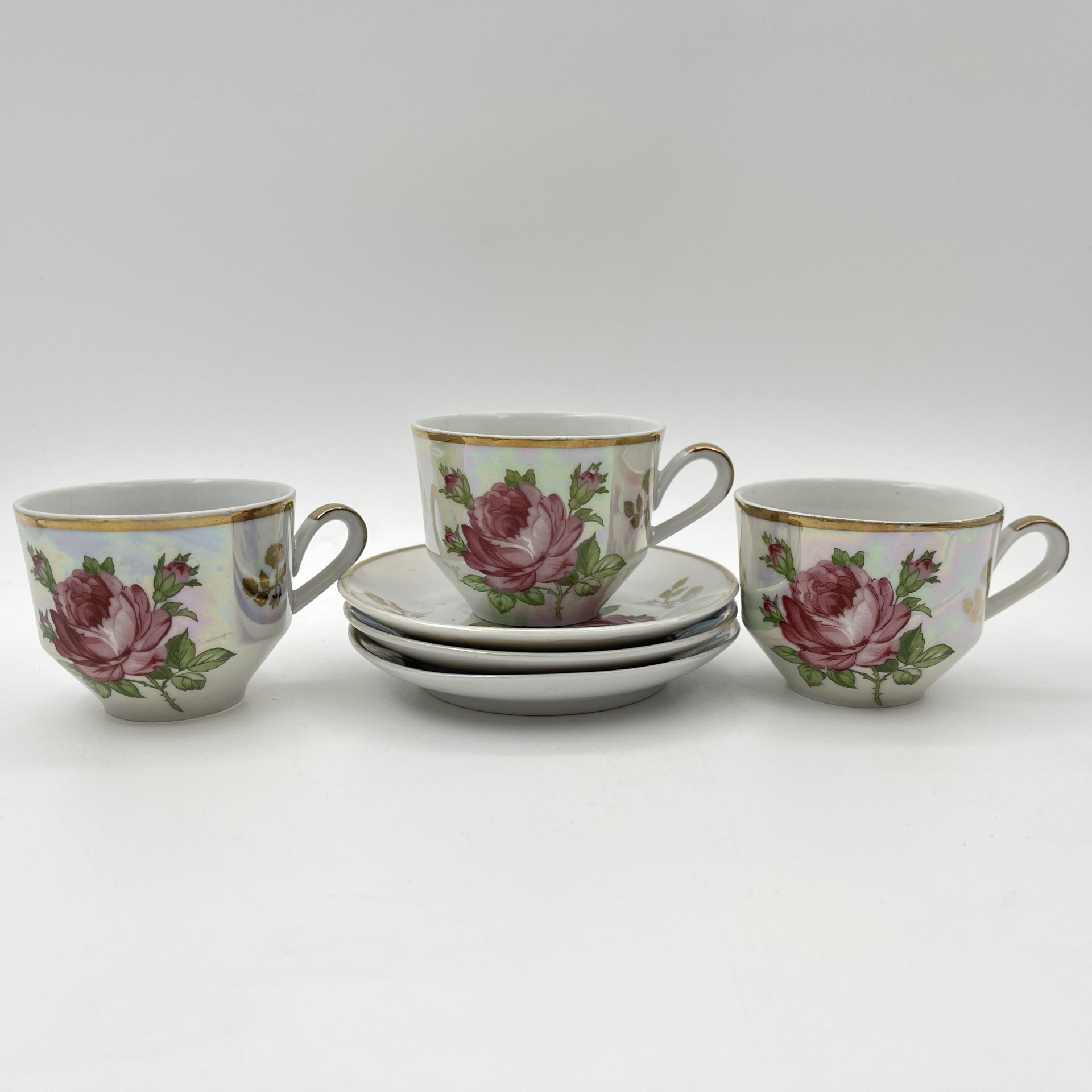 Набор из 3-х кофейных пар, украшенных изображением розы