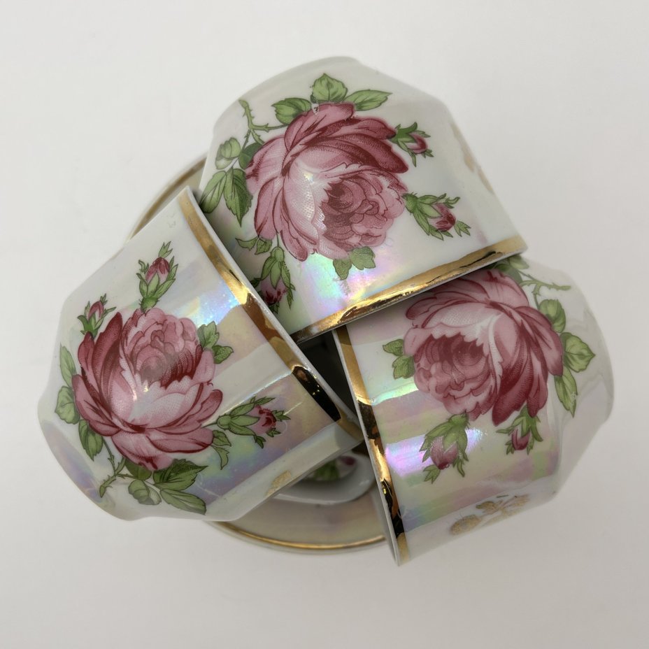 Набор из 3-х кофейных пар, украшенных изображением розы