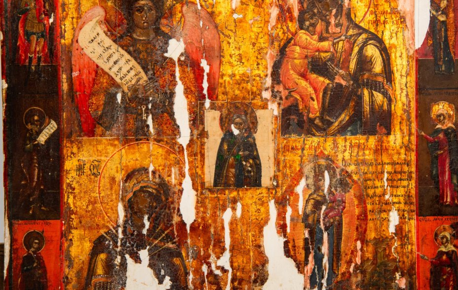 Икона в пяти клеймах (в среднике - пр. Александр Свирский, слева направо Ангел Благое Молчание, Богоматерь Федоровская, Семистрельная, Прибавление ума)