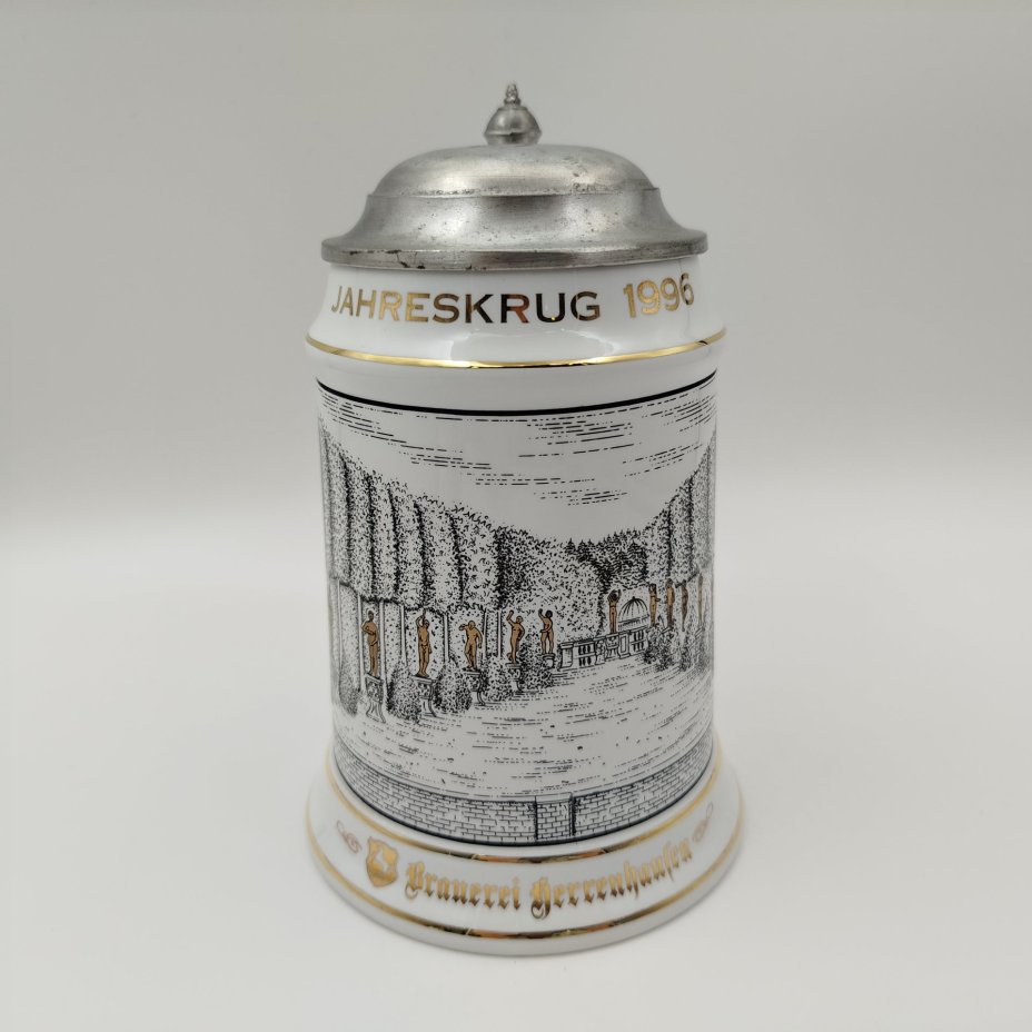 Кружка пивная "Сады Херренхаузен", пивоварня Herrenhausen, лимитированная серия №323/400, фарфор, металл, деколь, золочение, Германия, 1996 г.