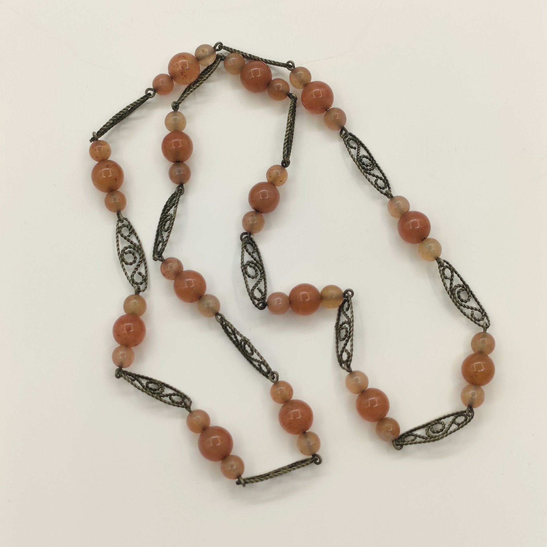 Бусы винтажные с ажурными звеньями, натуральный камень, металл, скань