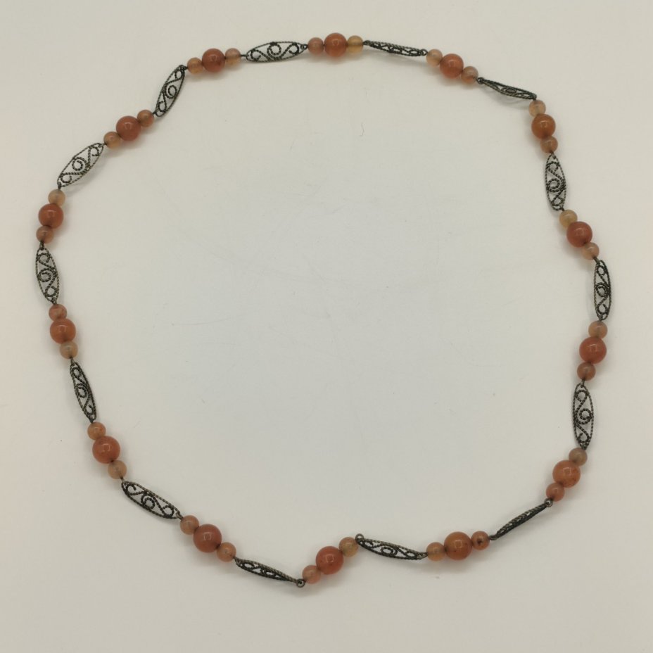 Бусы винтажные с ажурными звеньями, натуральный камень, металл, скань