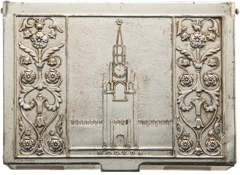 Сигаретница "Спасская башня Московского Кремля", металл, дерево, СССР, 1970-1980 гг.