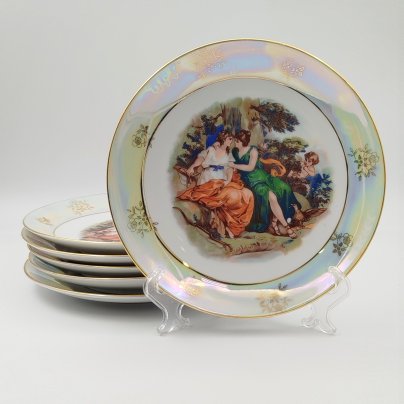 Комплект из 6-ти десертных тарелок "Мадонна", фарфор, деколь, люстр, золочение, Kahla, Германия, 1968-1987 гг.