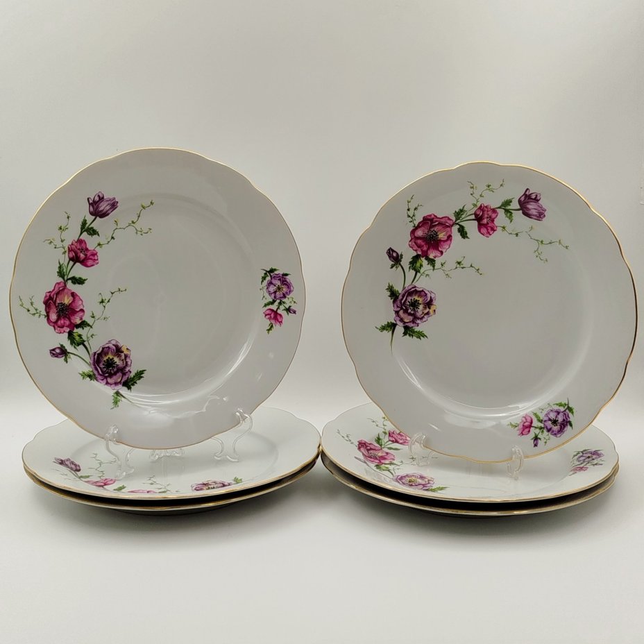 Набор из 6-ти обеденных тарелок с цветочным декором, "Gebrüder Benedikt", фарфор, деколь, золочение, Чехословакия, 1960-1990 гг.