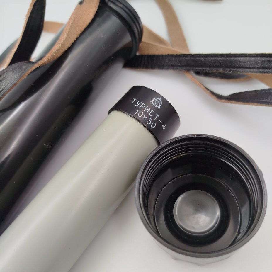 Труба зрительная "Турист-4" 10х30 в оригинальной коробке с документом, металл, стекло, пластик, Лыткаринский завод оптического стекла (ЛЗОС), СССР, 1984 г.