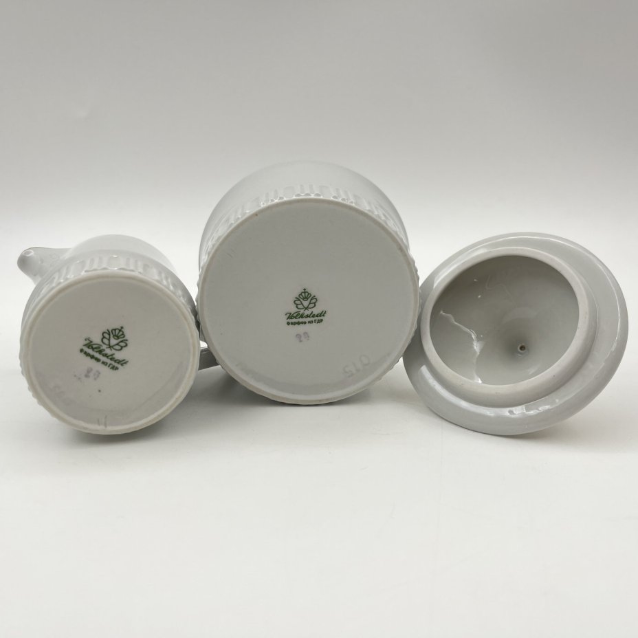 Сервиз кофейный с лаконичным декором, на 6 персон (15 предметов), фарфор, золочение, Volkstedt Beyer & Bock, Германия, 1948-1968 гг.