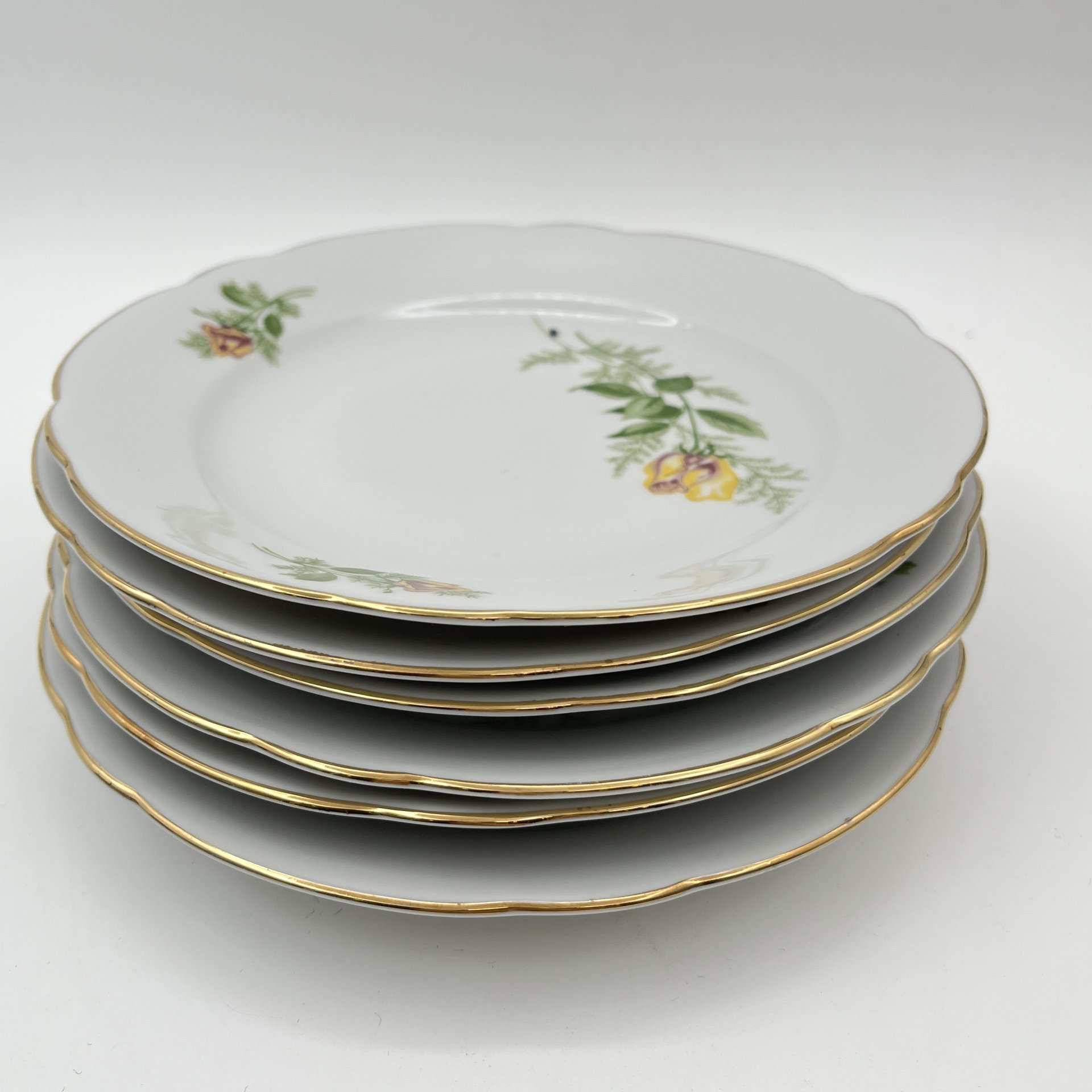 Набор пирожковых (закусочных) тарелок "Желтая роза" на 6 персон, фарфор, деколь, золочение, Kahla, ГДР, 1970-1980 гг.