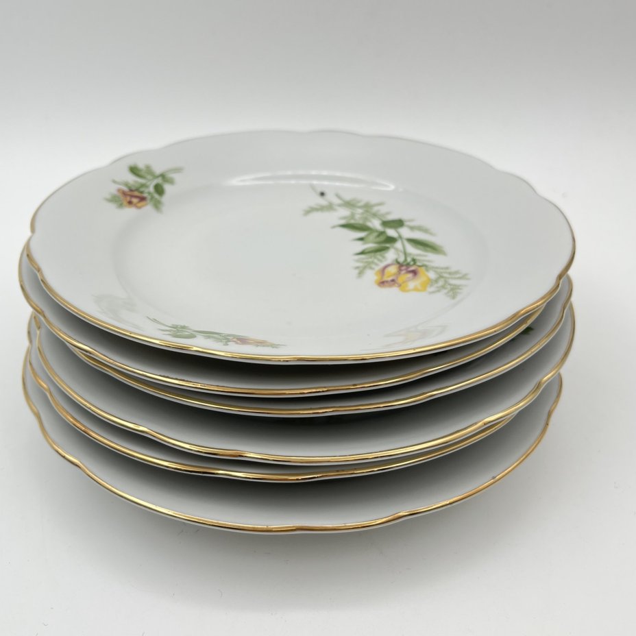 Набор пирожковых (закусочных) тарелок "Желтая роза" на 6 персон, фарфор, деколь, золочение, Kahla, ГДР, 1970-1980 гг.