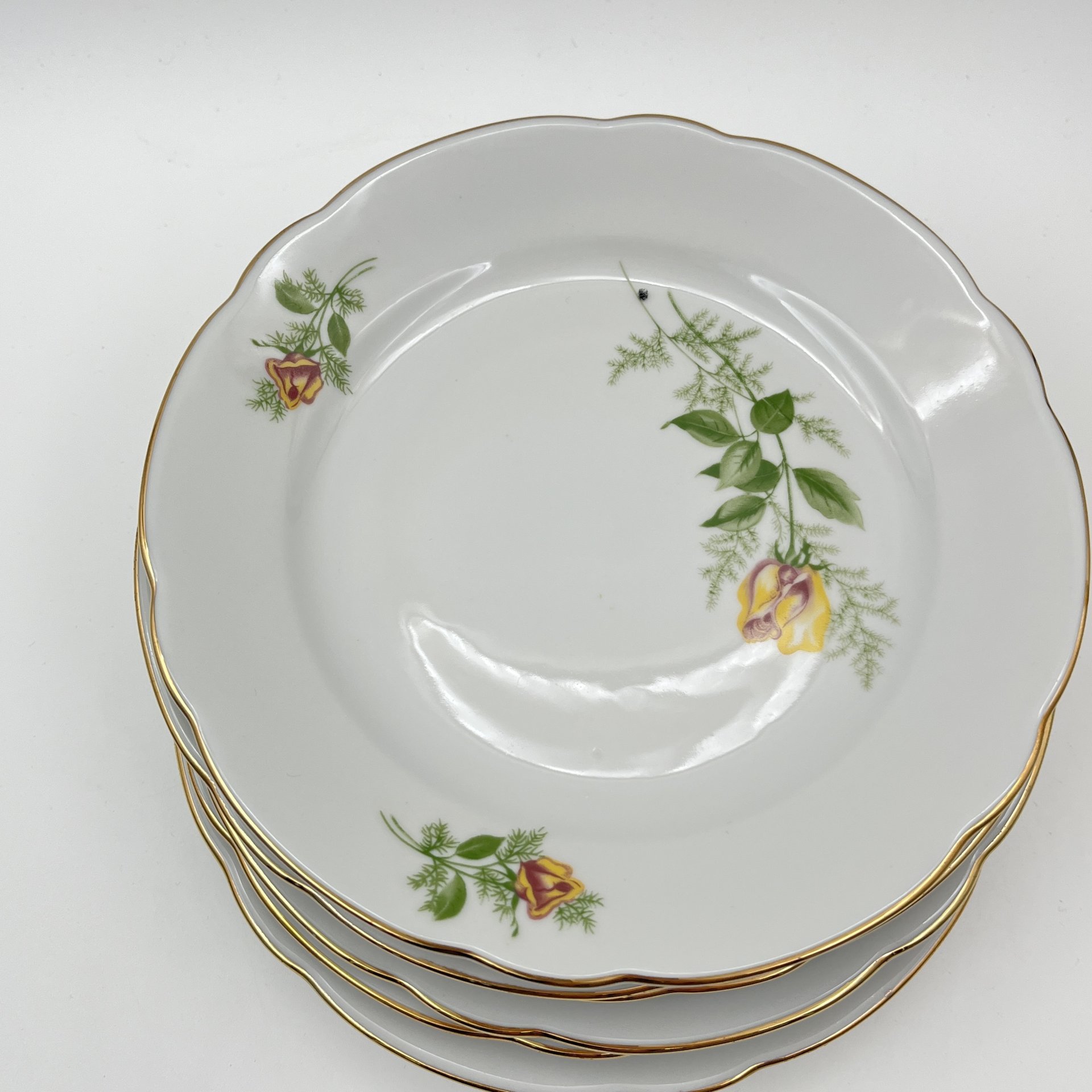 Набор пирожковых (закусочных) тарелок "Желтая роза" на 6 персон, фарфор, деколь, золочение, Kahla, ГДР, 1970-1980 гг.