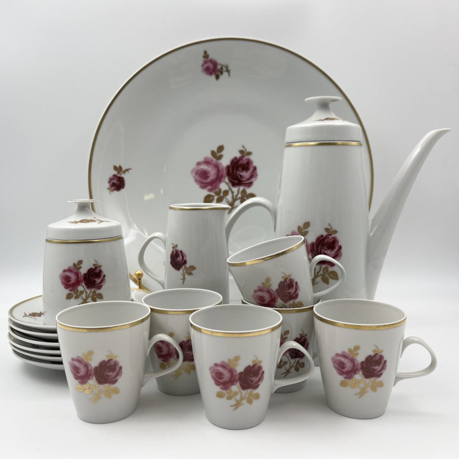 Сервиз кофейный с декором в виде роз на 6 персон (16 предметов), фарфор, деколь, золочение, Lichte Porzellan (Лихте), ГДР, 1976-1991 гг.
