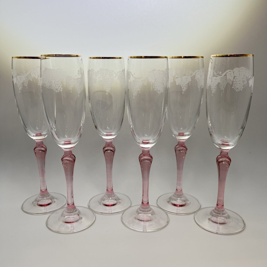 Набор из 6 бокалов (фужеров) для шампанского с декором в виде виноградной лозы, стекло, золочение, Европа, 2000-2010 гг.