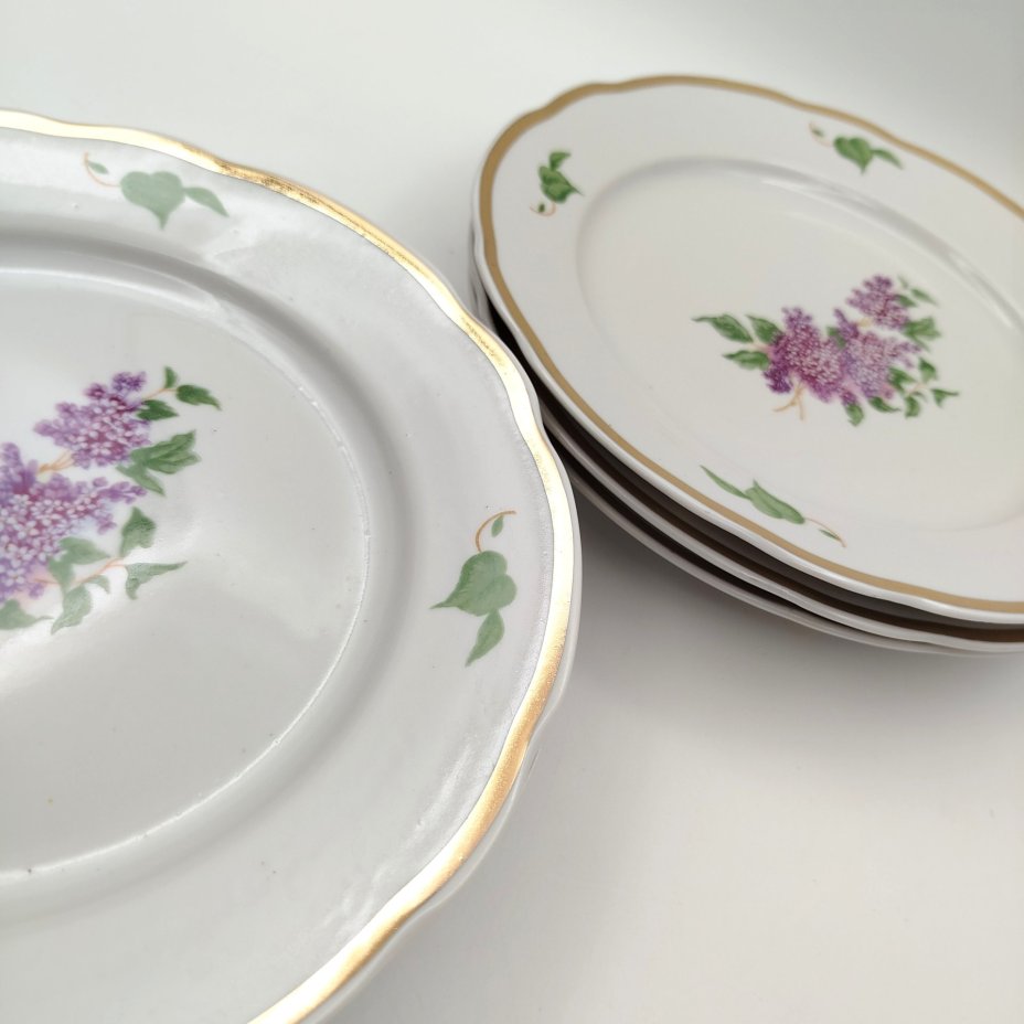 Набор из 6-ти столовых тарелок "Сирень", фарфор, деколь, золочение, Дулевский фарфоровый завод (Дулёво), СССР, 1968-1991 гг., Дулевский фарфоровый завод (Дулёво)
