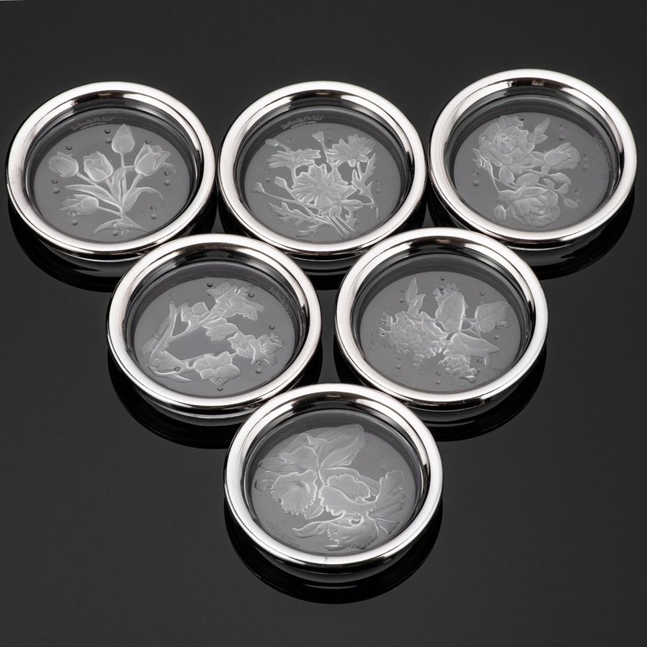 Набор из 6 подставок (розеток) под бокалы  "Цветы", хрусталь, инталия, металл, Val Saint Lambert, Val Saint Lambert