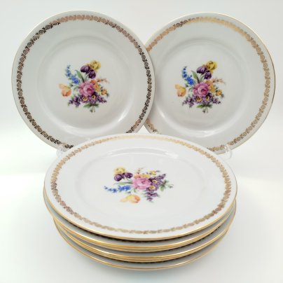 Набор десертных тарелок "Мейсенский букет" на 8 персон, фарфор, деколь, золочение, Moritz Zdekauer (MZ), Чехословакия, 1970-1980 гг.